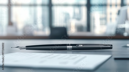 Elegant pen resting on a document in a modern office setting, perfect for business or professional themes.