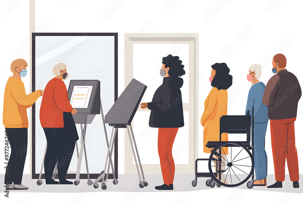 Voters standing in line at polling station, diverse group, including elderly and disabled people, using electronic voting machines during election, social distancing, and COVID-19 precautions Voters standing in line at polling station, diverse group, including elderly and disabled people, using electronic voting machines during election, social distancing, and COVID-19 precautions