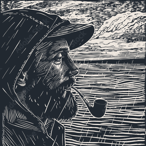An old fisherman in a cap smokes a pipe against the backdrop of the sea and stormy sky, vector illustration	