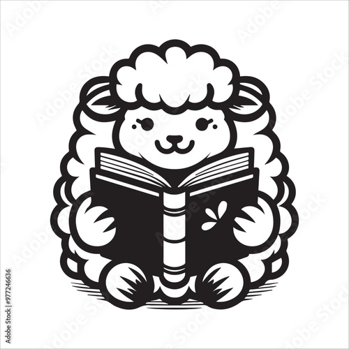 Fluffy cartoon sheep with wool, sitting with an open book vector illustration silhouette