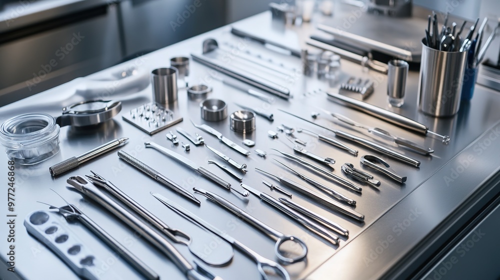 A close-up of high-tech medical equipment, including surgical instruments and diagnostic devices, displayed on a stainless steel table in a sterile environment. A close-up of high-tech medical equipment, including surgical instruments and diagnostic devices, displayed on a stainless steel table in a sterile environment.