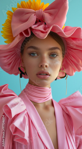 Model adorned with a large pink bow and sunflowers, radiating beauty and charm. High-fashion meets nature in this colorful portrait.