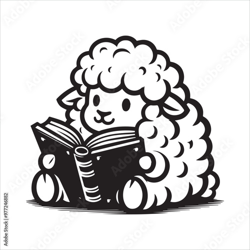 Fluffy cartoon sheep with wool, sitting with an open book vector illustration silhouette