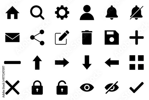 UI icon set with solid or glyph style symbol collection for web