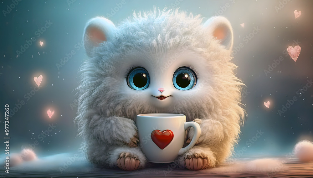 Obraz premium Cute Fluffy Creature Holding Heart Mug, Digital Illustration