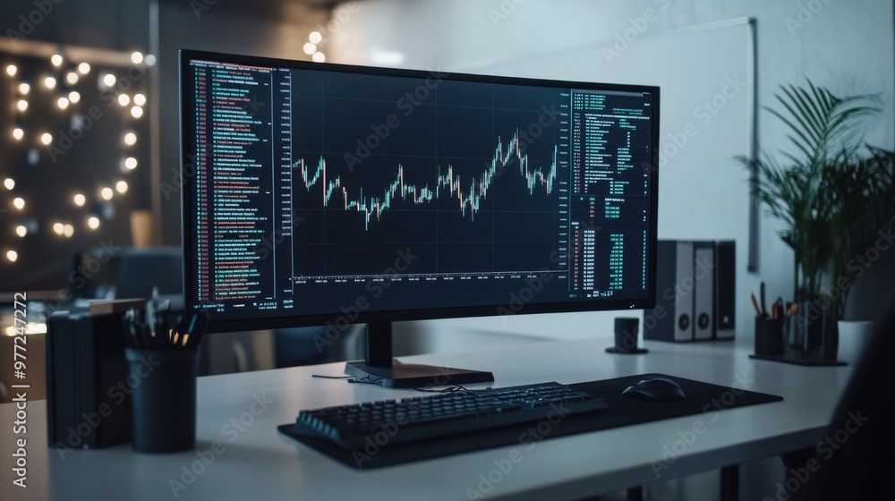 A detailed view of a financial chart on a computer screen, showing fluctuating stock prices and trend lines, set against a clean, modern workspace A detailed view of a financial chart on a computer screen, showing fluctuating stock prices and trend lines, set against a clean, modern workspace
