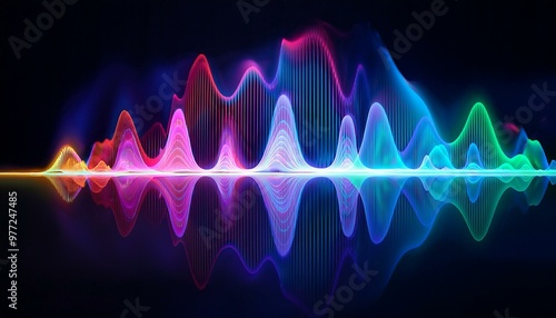 Sound wave or Longitudinal in multiple color and wavelength on a black background; Sound wavelength with colorful lines and curves; graphics and illustration
