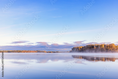 Wallpaper Mural Glossy forest lake with water reflections a misty autumn morning Torontodigital.ca