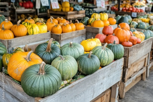 Different colored pumpkins in wooden boxes at farmers market. Autumn Halloween and Thanksgiving day background