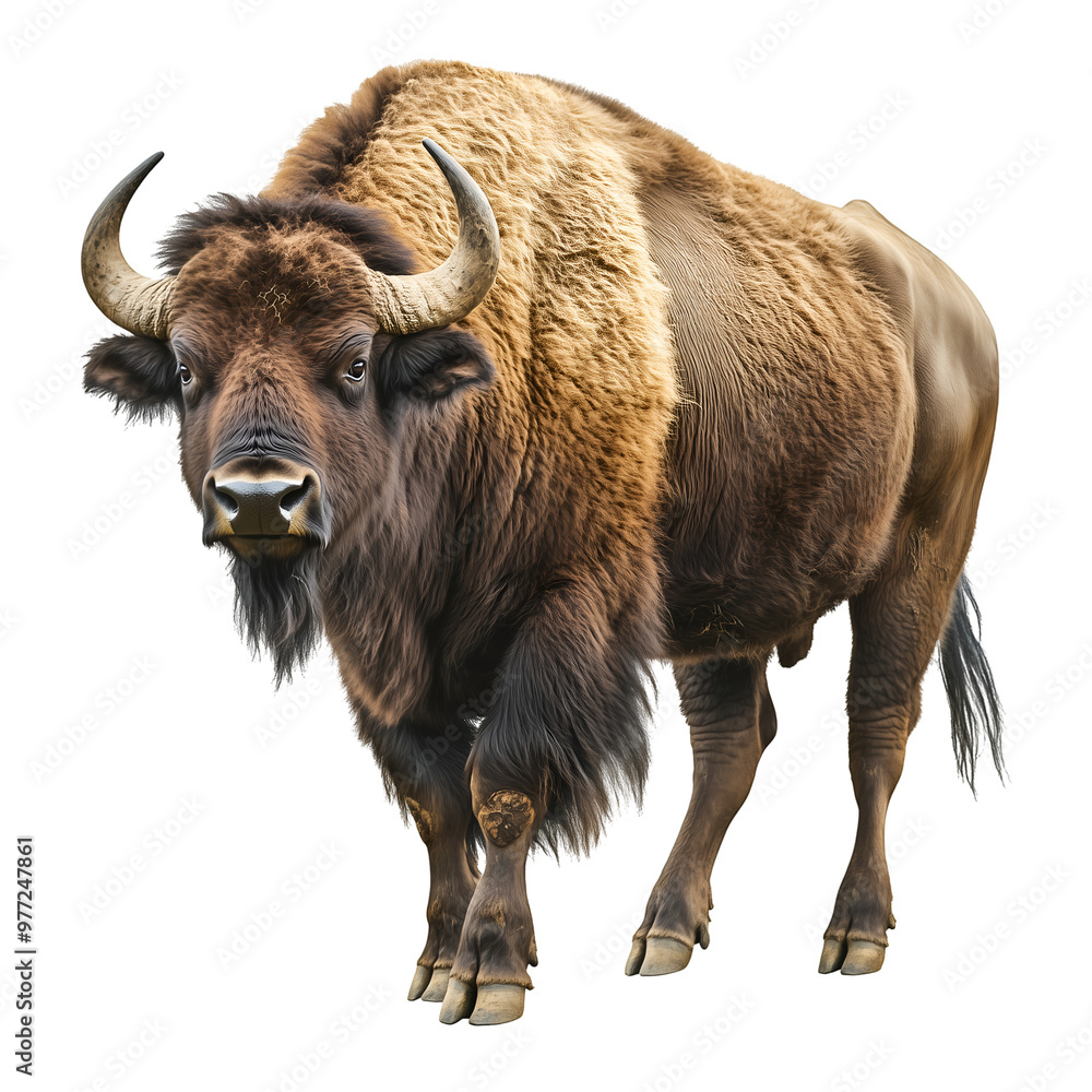 Realistic Illustration of a Bison Standing Strong with Thick Fur and Curved Horns Isolated on White Background, Cutout, Isolated on White Background Realistic Illustration of a Bison Standing Strong with Thick Fur and Curved Horns Isolated on White Background, Cutout, Isolated on White Background