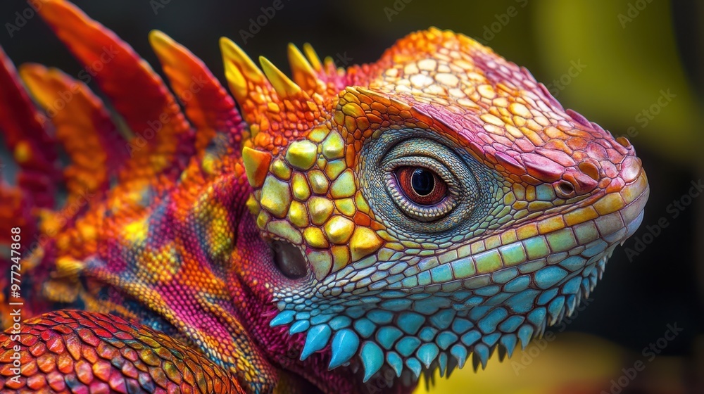 Obraz premium Vibrant tropical creature with iridescent scales, radiant fur, and striking geometric designs, close-up of bold colors and intricate details.