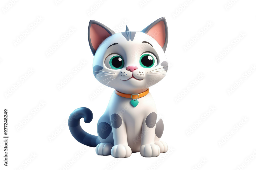 Cartoon-style cute cat sitting, 3D high-quality model, centered on stark white background, casts gentle shadows beneath, soft edges define its simplistic design suitable for a child-friendly character Cartoon-style cute cat sitting, 3D high-quality model, centered on stark white background, casts gentle shadows beneath, soft edges define its simplistic design suitable for a child-friendly character