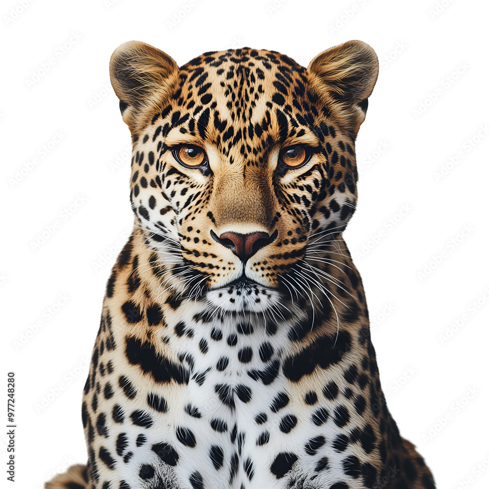 Realistic Close-Up Illustration of a Leopard with Distinctive Spots Isolated on White Background, Cutout, Isolated on White Background Realistic Close-Up Illustration of a Leopard with Distinctive Spots Isolated on White Background, Cutout, Isolated on White Background