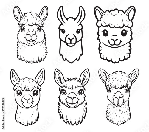 Cute Llama face silhouette set, Llama face Detailed Black and White Outline Line Art Drawing Illustration