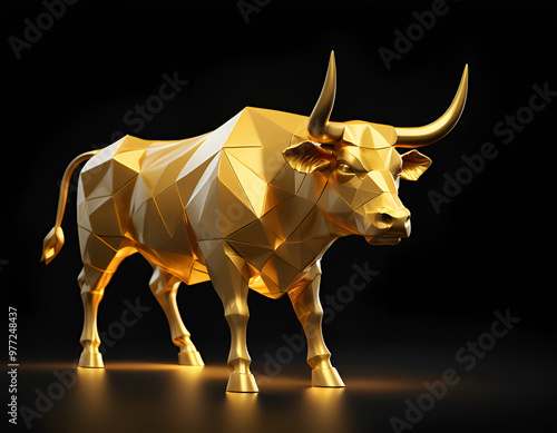 Golden Bull Statue on Black Background