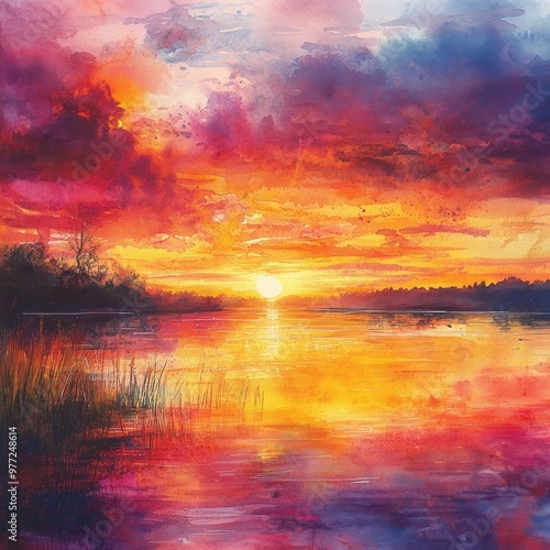 A vibrant sunset over a calm lake, reflecting colorful skies.