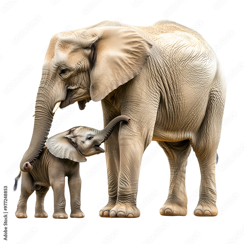 Fototapeta premium Realistic Illustration of a Mother Elephant and Her Calf Interacting Affectionately Isolated on White Background, Cutout, Isolated on White Background