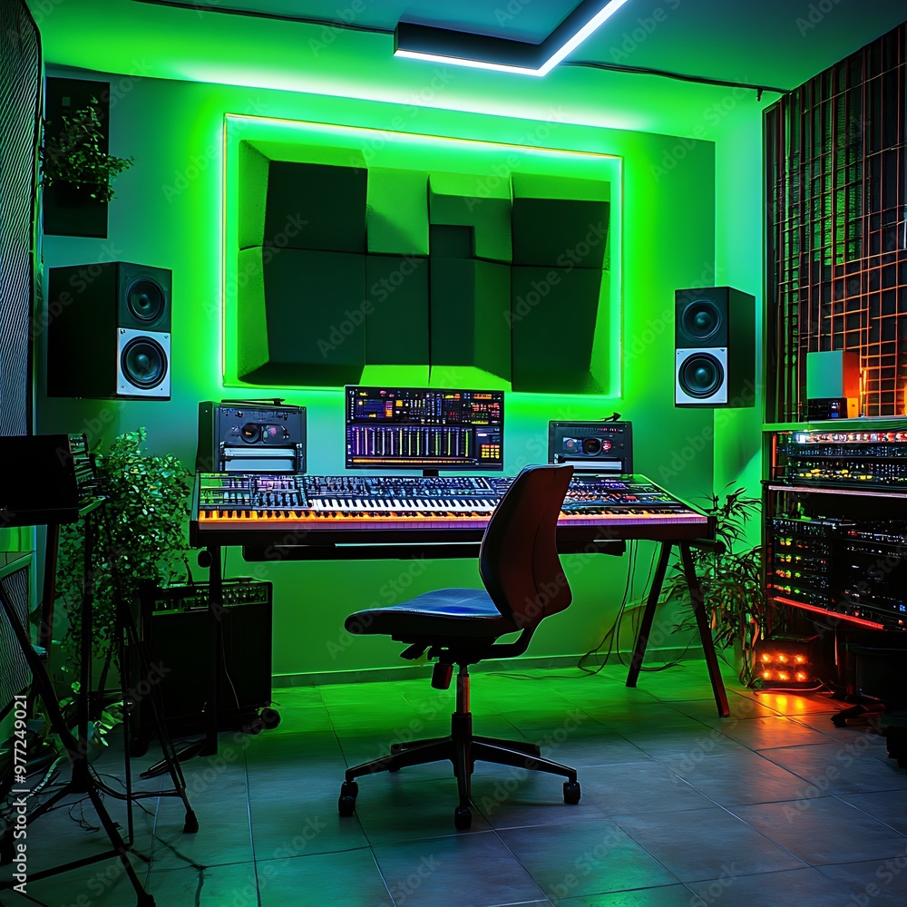 Green Lit Music Studio with Mixing Console and Keyboard. Green Lit Music Studio with Mixing Console and Keyboard.