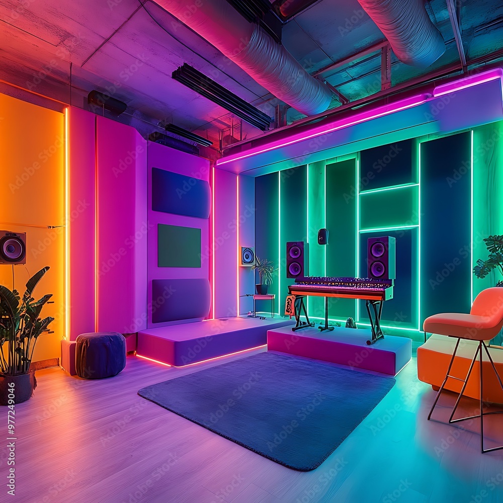 Modern Music Studio Interior Design with Neon Lights and a Keyboard. Modern Music Studio Interior Design with Neon Lights and a Keyboard.