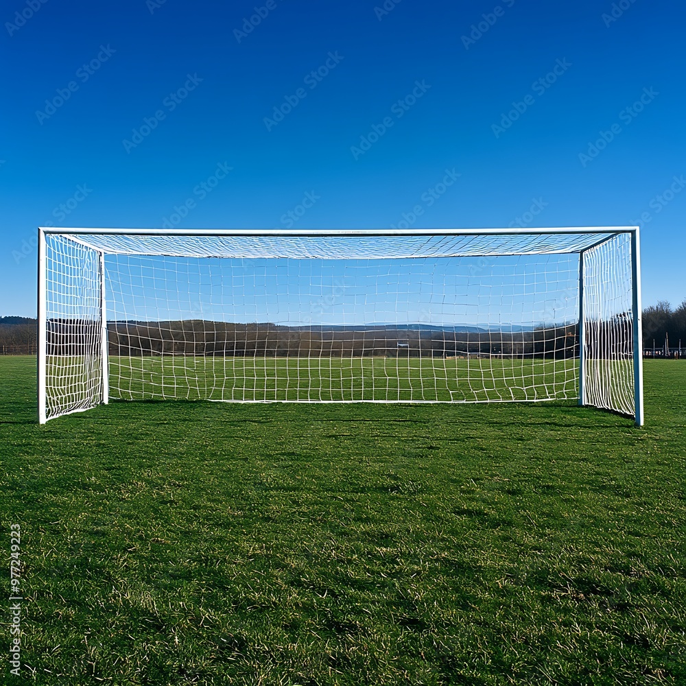Fototapeta premium Soccer Goal on Green Grass Field Against Blue Sky.