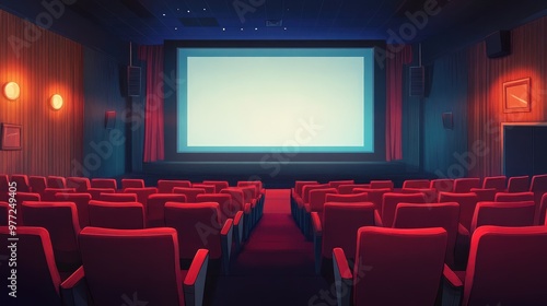 A quiet movie theater with red seats and a large screen, evoking a sense of anticipation for the upcoming film.