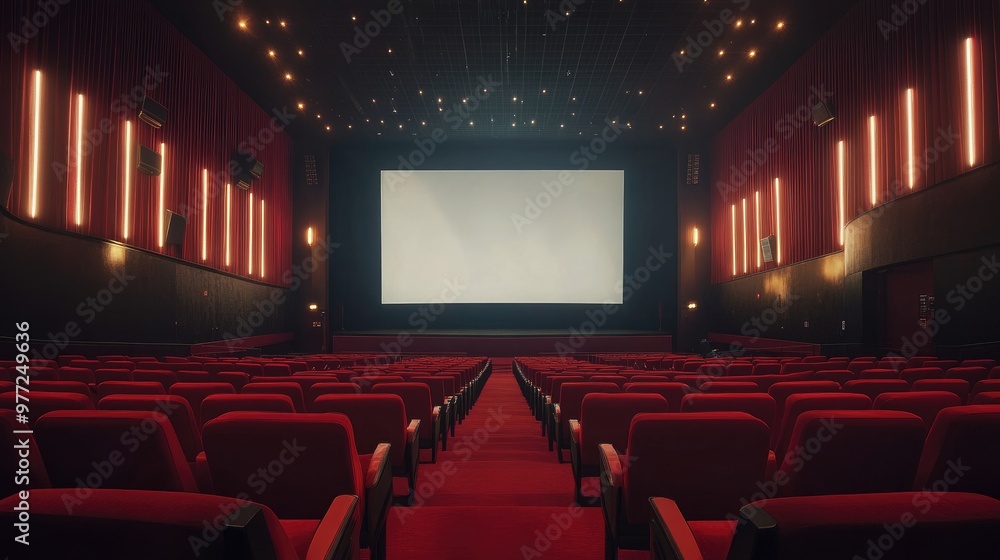 Fototapeta premium A quiet movie theater with red seats and a large screen, evoking a sense of anticipation for the upcoming film.
