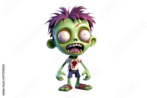 Cute zombie character, 3D model, high quality, central focus on stark white background, gentle shadowing underneath, soft edged design, vibrant colors, simplistic and child-friendly appearance