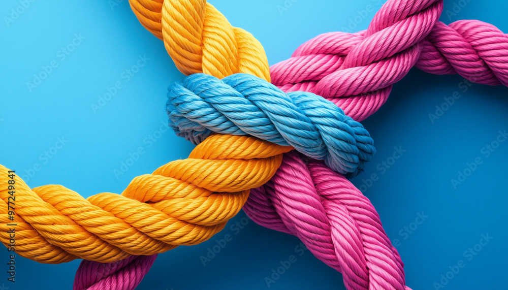 ropes of different colors tied into a knot, blue background, concept of infinity and connection, relationships and friendship, symbolizing unity and strength, teamwork and partnership ropes of different colors tied into a knot, blue background, concept of infinity and connection, relationships and friendship, symbolizing unity and strength, teamwork and partnership