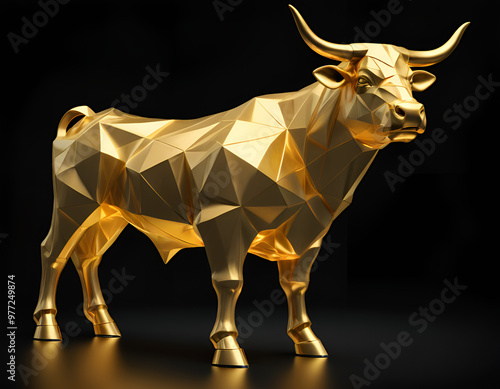 Golden Bull Statue on Black Background