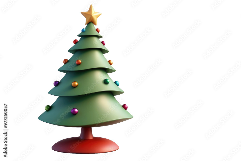 Holiday cartoon Christmas tree, charmingly simplified for a child-friendly appeal, steals the limelight in 3D quality, masterfully rendered against a stark white, devoid of distraction Holiday cartoon Christmas tree, charmingly simplified for a child-friendly appeal, steals the limelight in 3D quality, masterfully rendered against a stark white, devoid of distraction