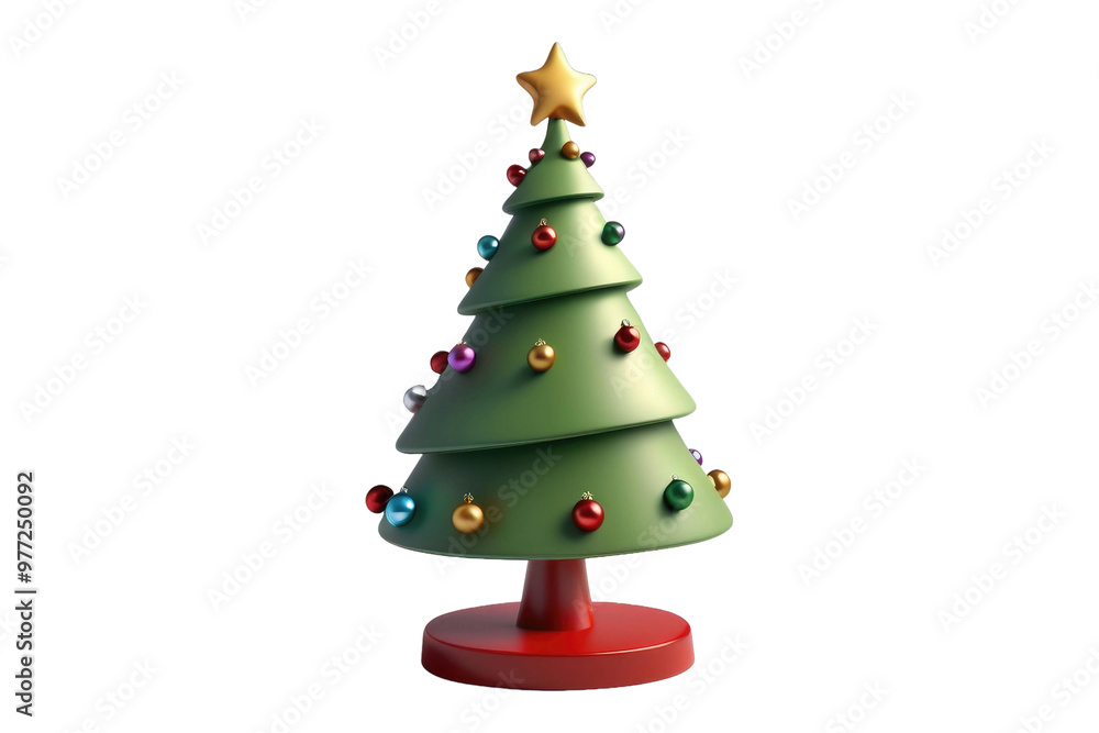 Holiday cartoon Christmas tree, charmingly simplified for a child-friendly appeal, steals the limelight in 3D quality, masterfully rendered against a stark white, devoid of distraction Holiday cartoon Christmas tree, charmingly simplified for a child-friendly appeal, steals the limelight in 3D quality, masterfully rendered against a stark white, devoid of distraction