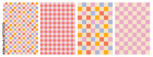 Retro checkered colorful set background. Abstract vector patterns. Retro checkerboard poster in style 60s, 70s. Pink and blue colors