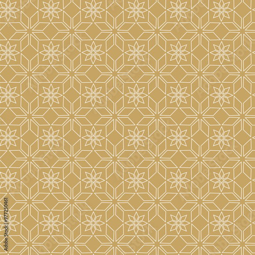 Abstract geometric pattern with crosses, stripes, lines. Seamless vector background. White and gold ornament. Modern reticulated graphic design.