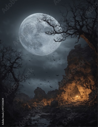 A haunting night scene with a glowing full moon, bats flying across a dark, moody sky, and eerie cliffs. Perfect as a Halloween-themed background for spooky and atmospheric designs.