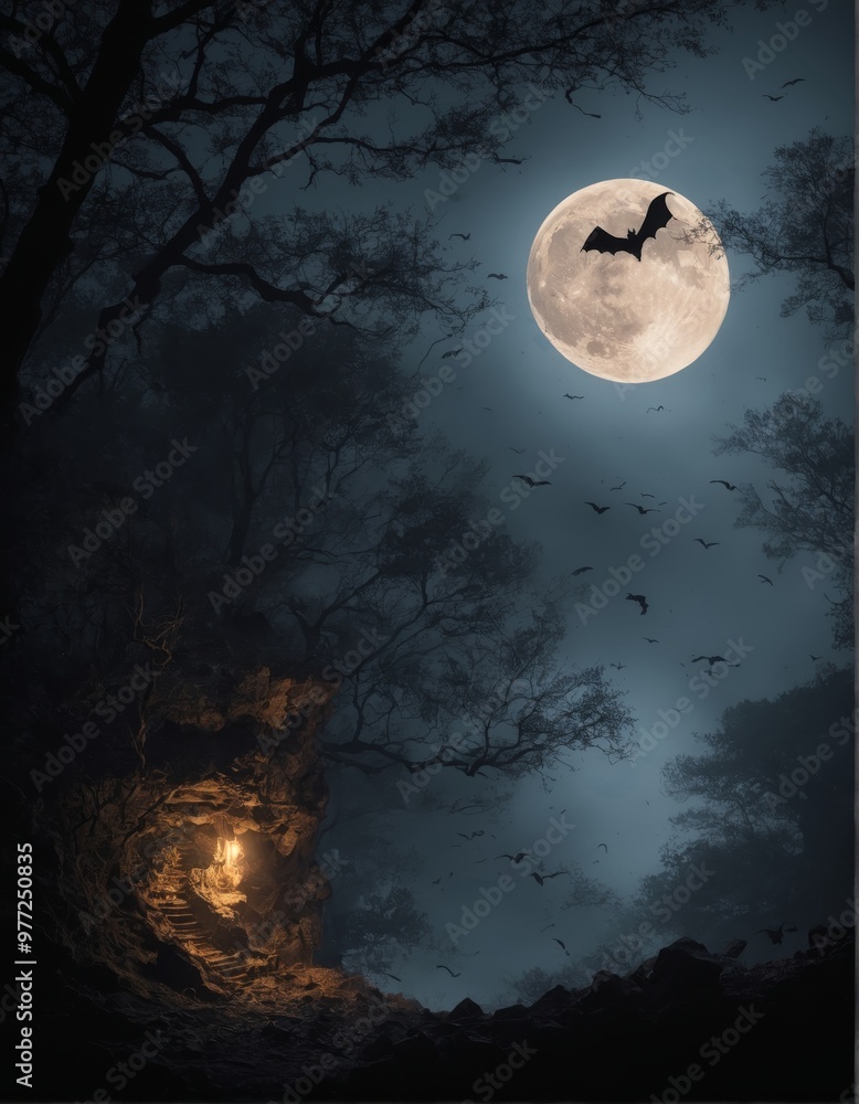 Naklejka premium A haunting night scene with a glowing full moon, bats flying across a dark, moody sky, and eerie cliffs. Perfect as a Halloween-themed background for spooky and atmospheric designs.