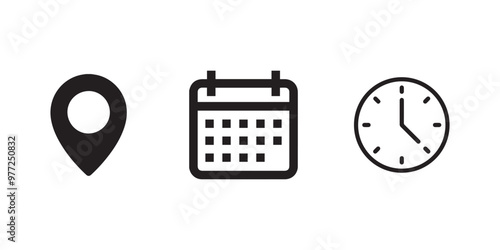 Address location icon. Stopwatch timer icon. Date Calendar icon