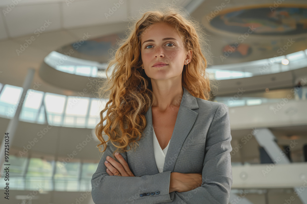 Fototapeta premium A businesswoman with long curly blonde hair wearing a suit and crossing her arms in the office.