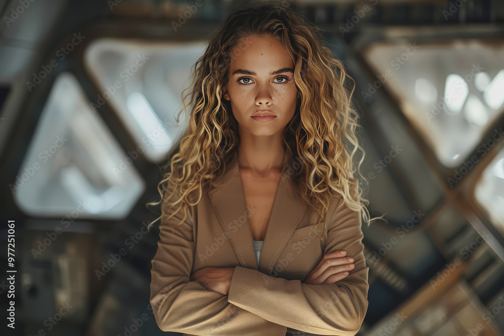 A businesswoman with long curly blonde hair wearing a suit and crossing her arms in the office. A businesswoman with long curly blonde hair wearing a suit and crossing her arms in the office.