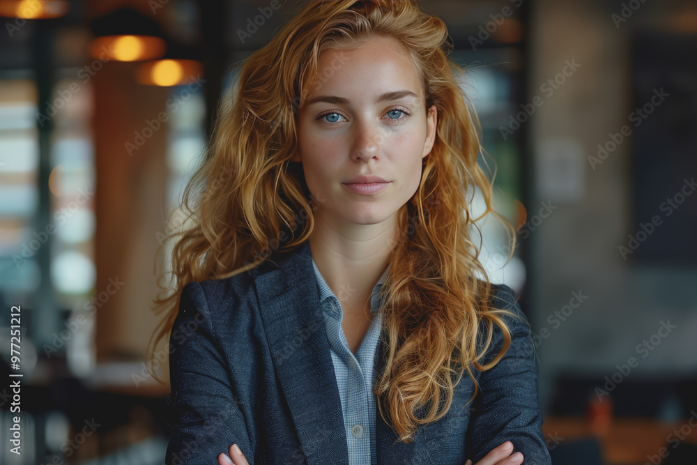 A businesswoman with long curly blonde hair wearing a suit and crossing her arms in the office. A businesswoman with long curly blonde hair wearing a suit and crossing her arms in the office.