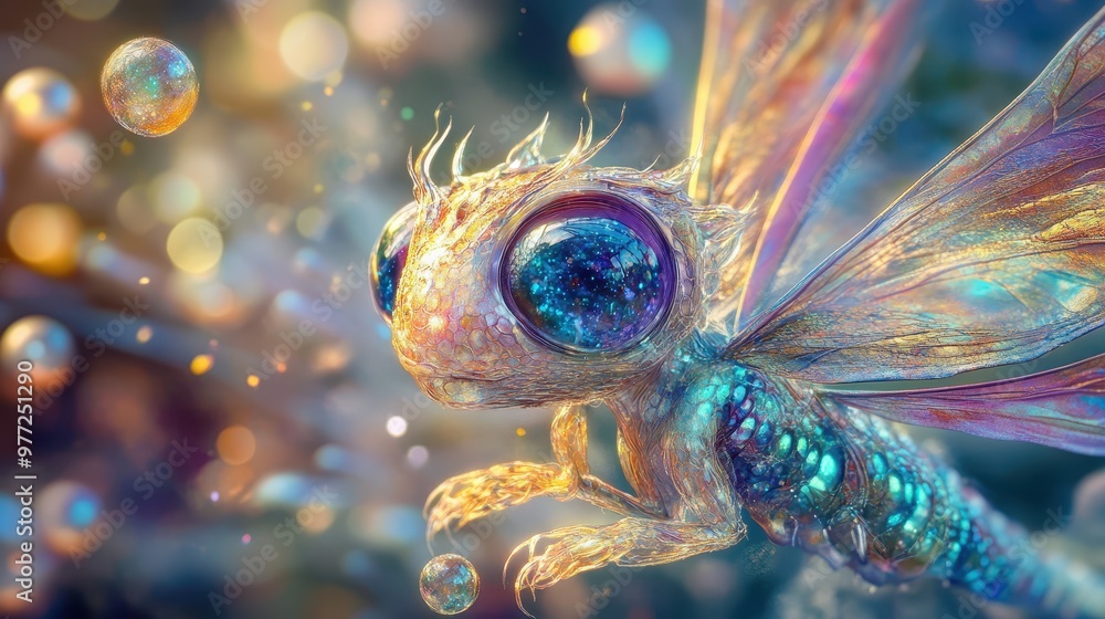 Close-up of a whimsical animal with dragonfly wings, iridescent scales, and sparkling eyes, surrounded by glowing orbs of magical light. Close-up of a whimsical animal with dragonfly wings, iridescent scales, and sparkling eyes, surrounded by glowing orbs of magical light.