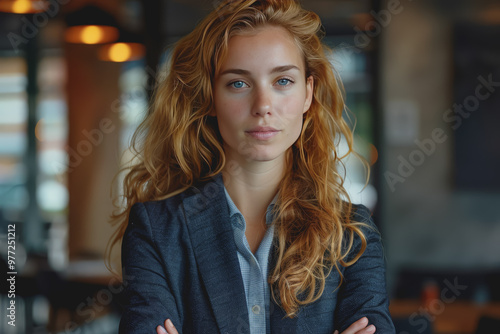 Wallpaper Mural A businesswoman with long curly blonde hair wearing a suit and crossing her arms in the office. Torontodigital.ca