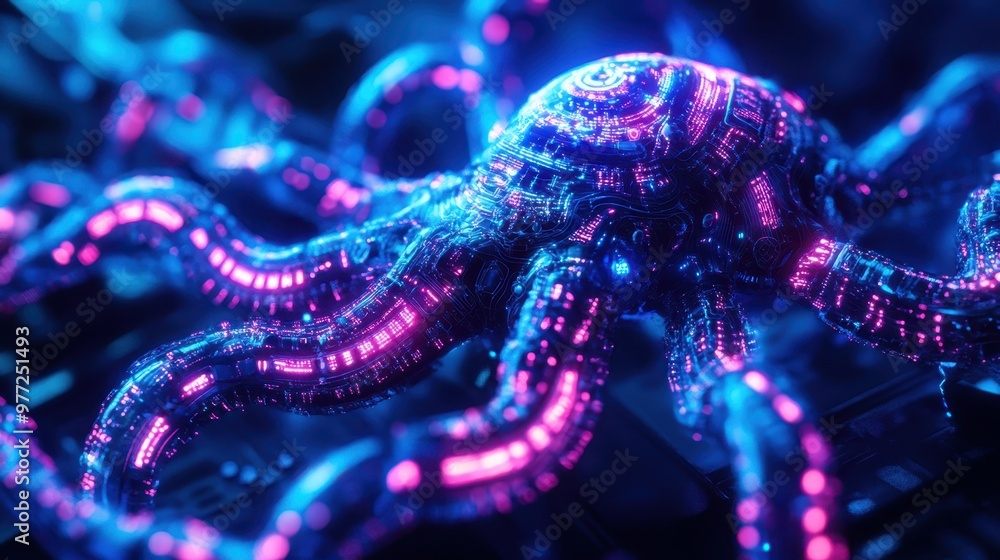 Fototapeta premium Close-up of an extraterrestrial creature with intricate exoskeleton, glowing circuits weaving patterns, holographic projections, in cyberpunk neon style.