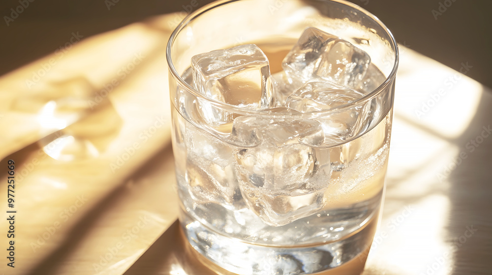 refreshing glass of ice water with large, clear ice cubes glistening in the sunlight refreshing glass of ice water with large, clear ice cubes glistening in the sunlight