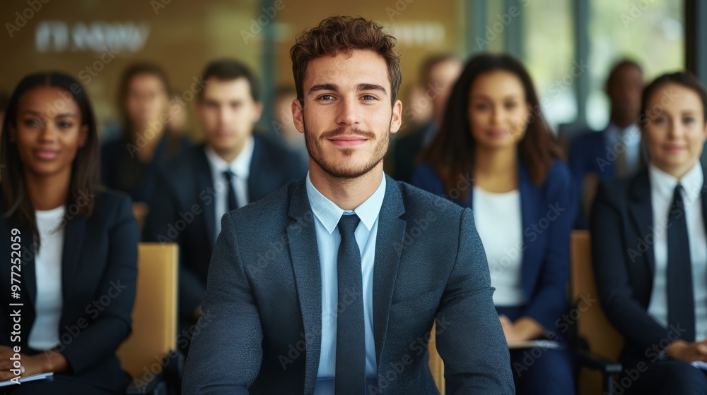 Fototapeta premium Job recruitment portrait, recruiters facilitating job placements for various industries, in a busy office setting.