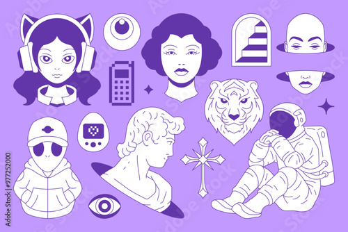 Y2k psychedelic retro tattoo funky groovy line sticker set vector flat illustration. Surreal minimal contemporary pop art element woman tiger alien sculpture monument astronaut stair t shirt print