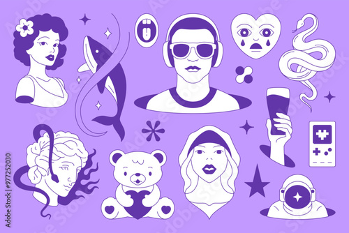 Y2k minimalist psychedelic retro groovy comic line icon set vector flat illustration. Surreal funky hype woman nun heart Greek sculpture astronaut whale man in headphones snake bear toy rave concept