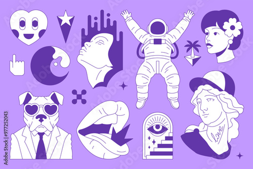 Y2k comic surreal retro groovy line icon psychedelic tattoo concept set vector flat illustration. Funky dog businessman astronaut digital future woman mouth crown hype sculpture monument t shirt print