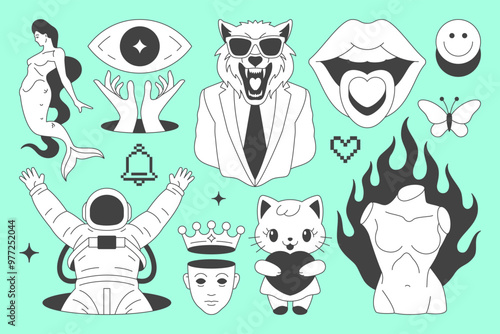Y2k contemporary pop art psychedelic concept minimal line icon set vector flat illustration. Minimal comic wolf businessman mermaid all seeing eye mouth lips astronaut sculpture torso Kawaii cat