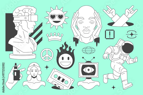 Y2k minimal comic retro groovy line icon contemporary pop art futuristic concept set vector flat illustration. Psychedelic funky sculpture bust astronaut sun rock cool tape cassette sketch sticker