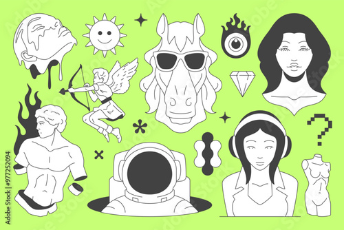 Y2k black line retro groovy icon comic sculpture science fiction concept set vector flat illustration. Hype psychedelic horse in sunglasses woman Greek god sculpture sun teen in headphones Cupid